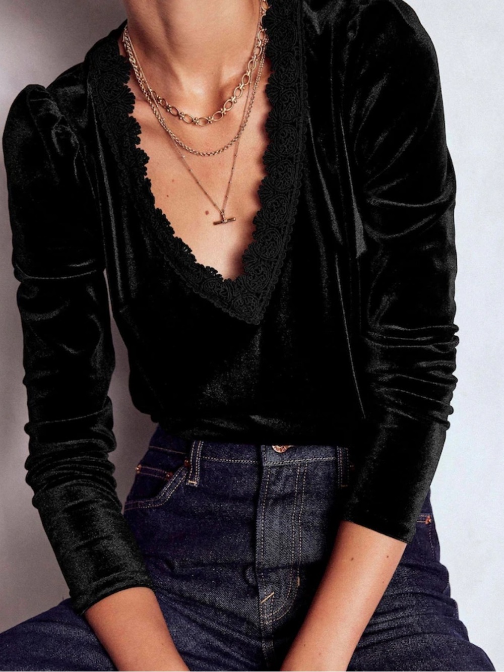 Boden Black Flora V-neck Velvet Long Sleeve Blouse Top Size 12